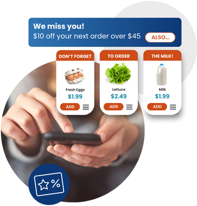 Shopper using phone with modals showing personalized grocery offers popping up